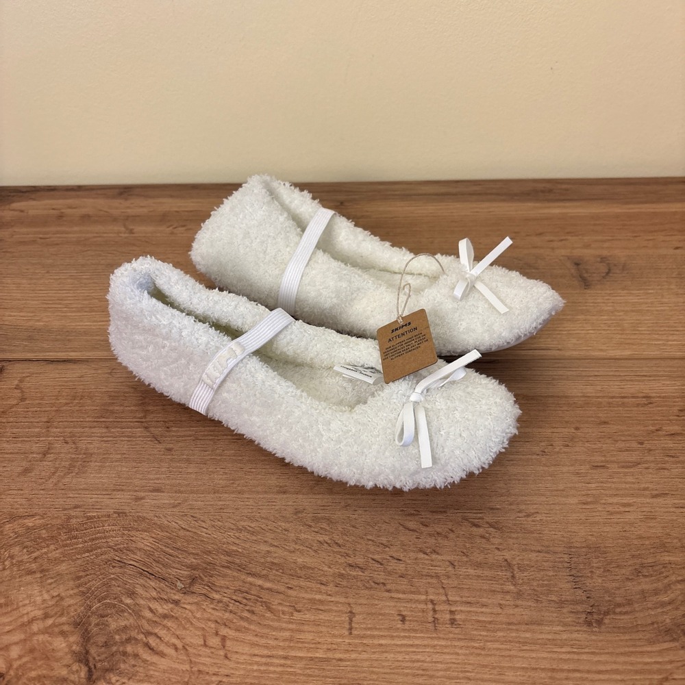New Skims Cozy Ballet Slipper Marble White Women Size 37 Bow Plush Loungewear